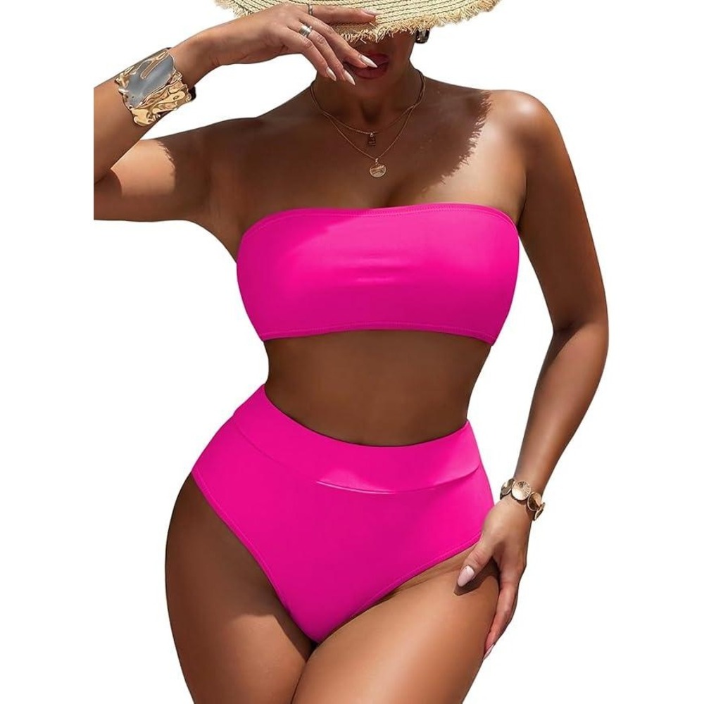 MSRP $31 Pink Queen Women's S High Waist Bikini Set Removable Strap Bandeau Two